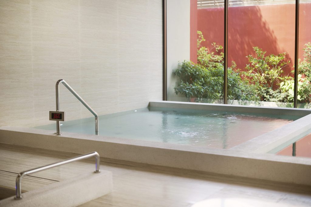 Private onsen-style hydrotherapy pool at RXV Wellness Village surrounded by lush greenery.