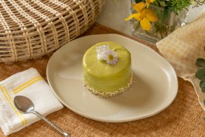 Matcha green tea mousse cake served at RXV Wellness Village Sampran.