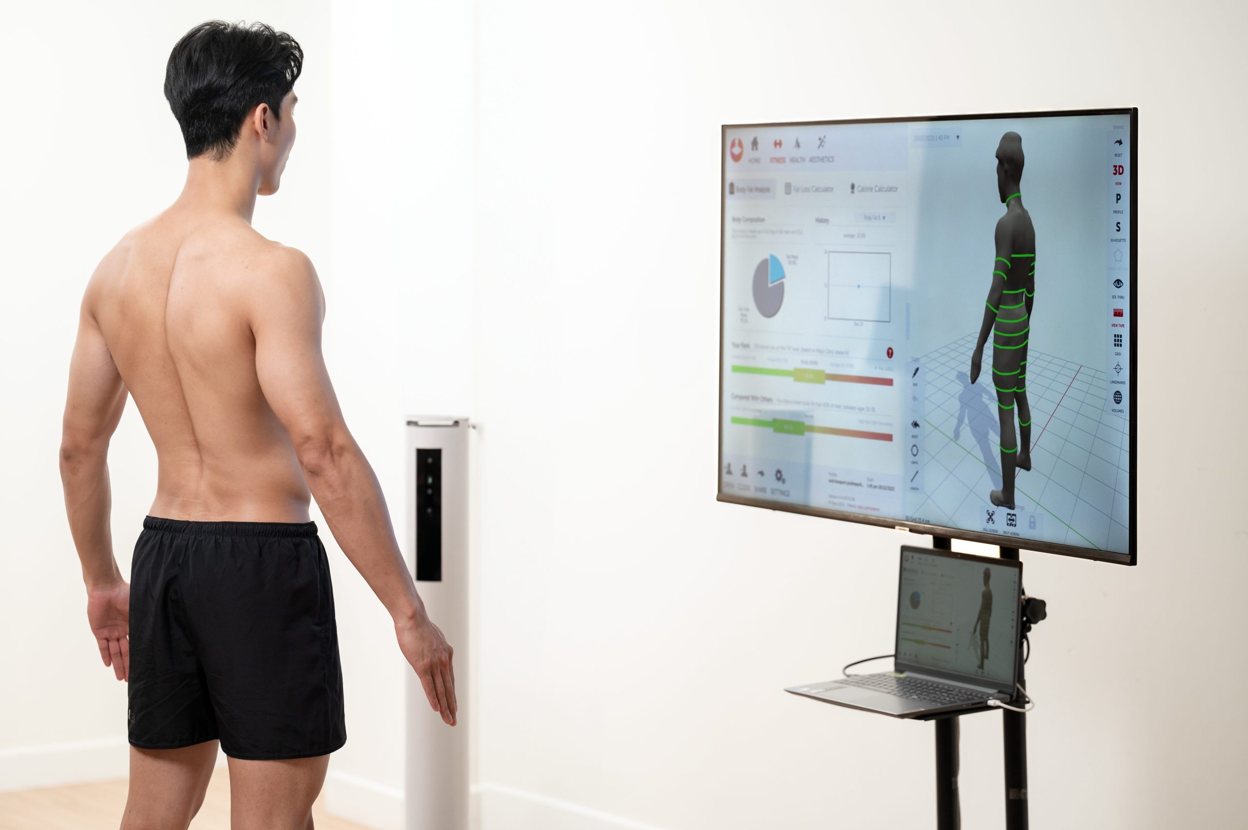 Man undergoing a 3D body scan for posture and composition analysis at RXV Wellness Village Sampran.