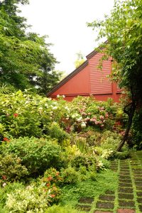 Lush tropical garden with blooming flowers beside a red Thai-style house at RXV Wellness Village Sampran.